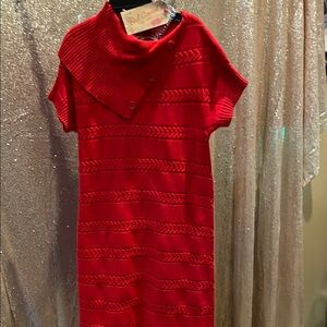 Red Camel Red Knit Midi Sweater Dress with Buttoned Foldover BUTTONED Collar NWT